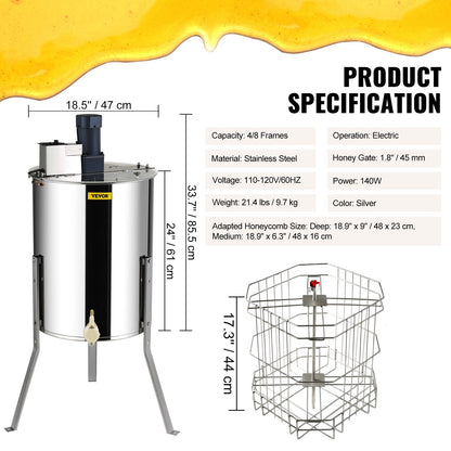 Stainless steel honey extractor with electric operation and 4 or 8 frame capacity in silver finish