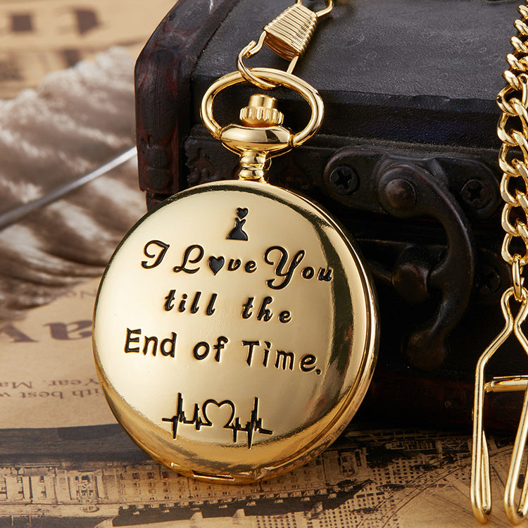 Gold engraving vintage quartz pocket watch with I love you till the end of time inscription