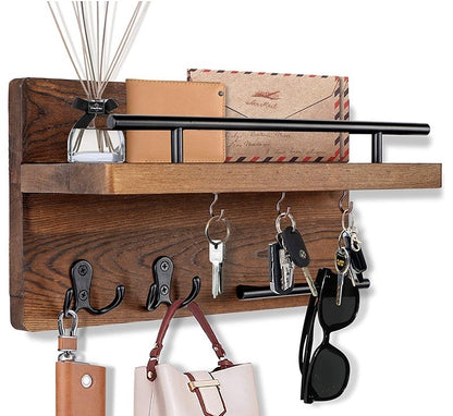 Sheila Merchandise wall-mounted wooden shelf with metal hooks holding keys, sunglasses, and accessories
