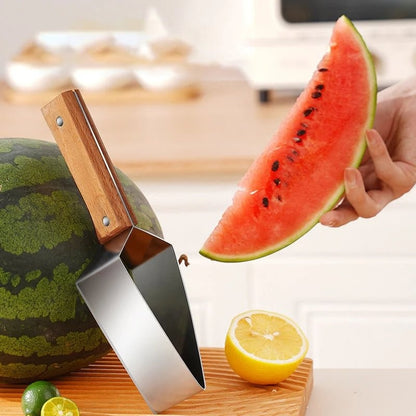 Watermelon slicer stainless steel tool with wooden handle, perfect for easy fruit serving