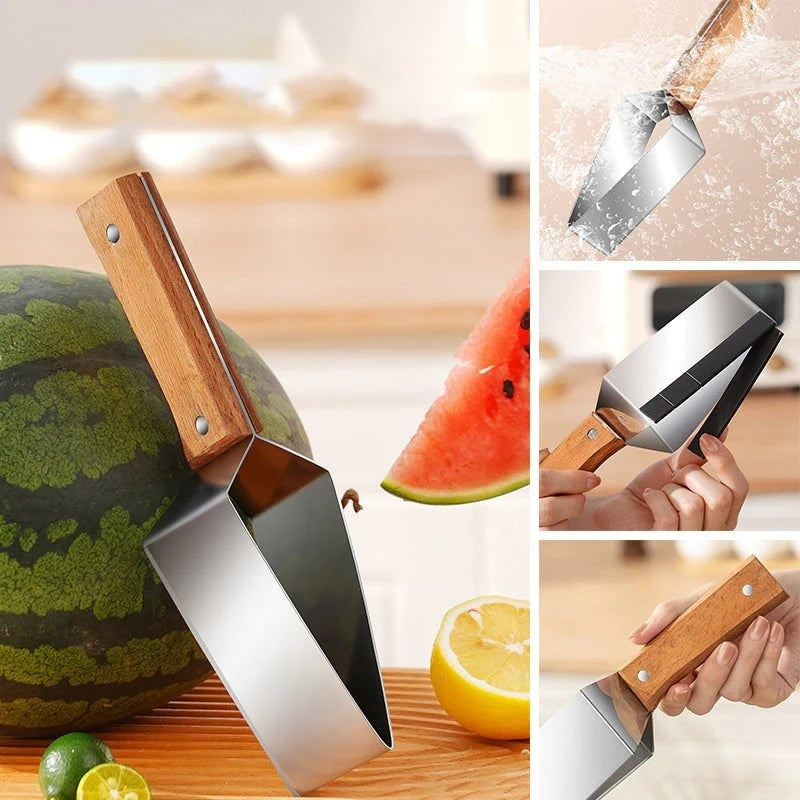 Watermelon slicer stainless steel with a wooden handle for easy fruit cutting and serving
