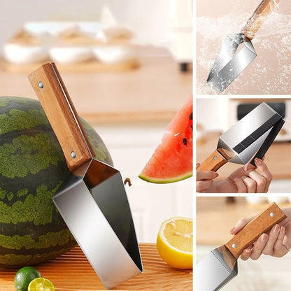 Watermelon slicer stainless steel with a wooden handle for easy fruit cutting and serving