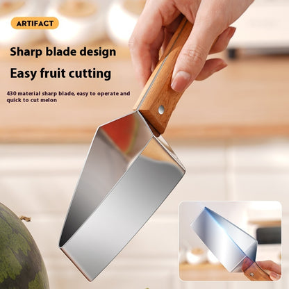 Watermelon slicer stainless steel with a sharp blade and wooden handle for easy fruit cutting