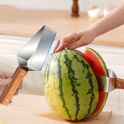 Sheila Merchandise watermelon slicer stainless steel with wooden handle cutting a fresh watermelon