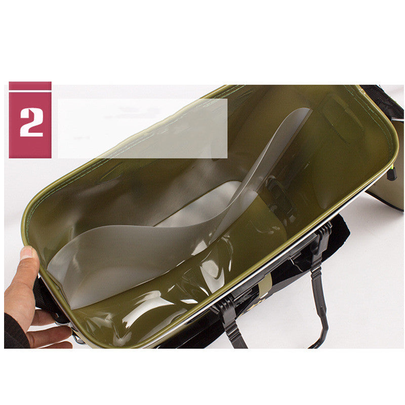 Olive green foldable fishing bucket open showing spacious waterproof interior with handles
