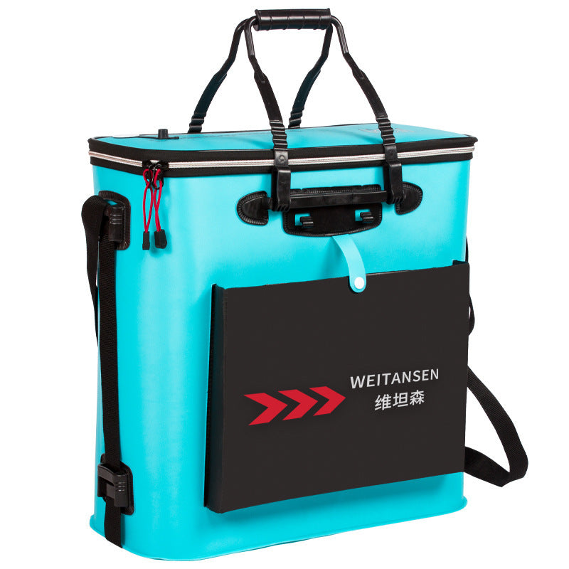 Sheila Merchandise foldable fishing bucket in blue with black handles and front storage pocket