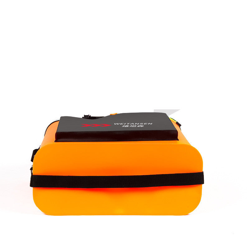 Bright orange foldable fishing bucket with black top and adjustable strap for easy carrying