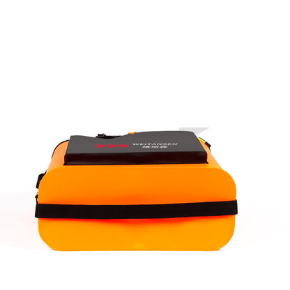 Bright orange foldable fishing bucket with black top and adjustable strap for easy carrying