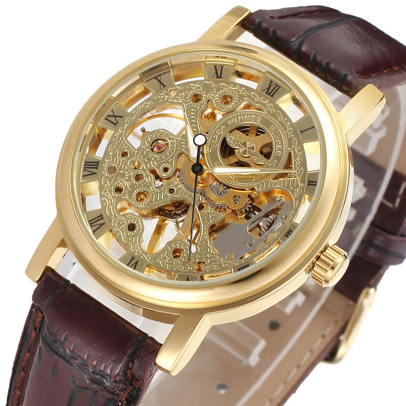 Luxury skeleton watch men's gold mechanical watch with brown leather strap and intricate details