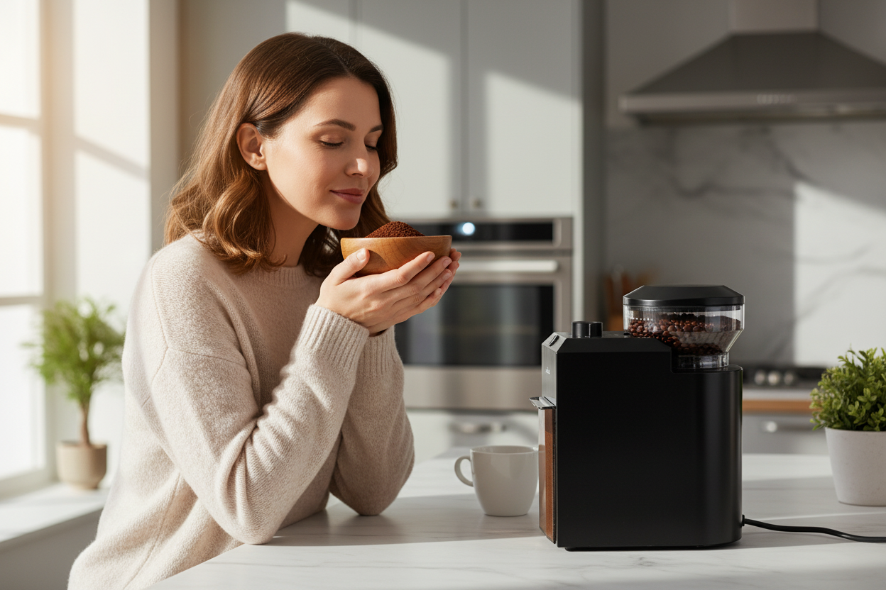 Woman enjoying coffee from Ufnale grinder