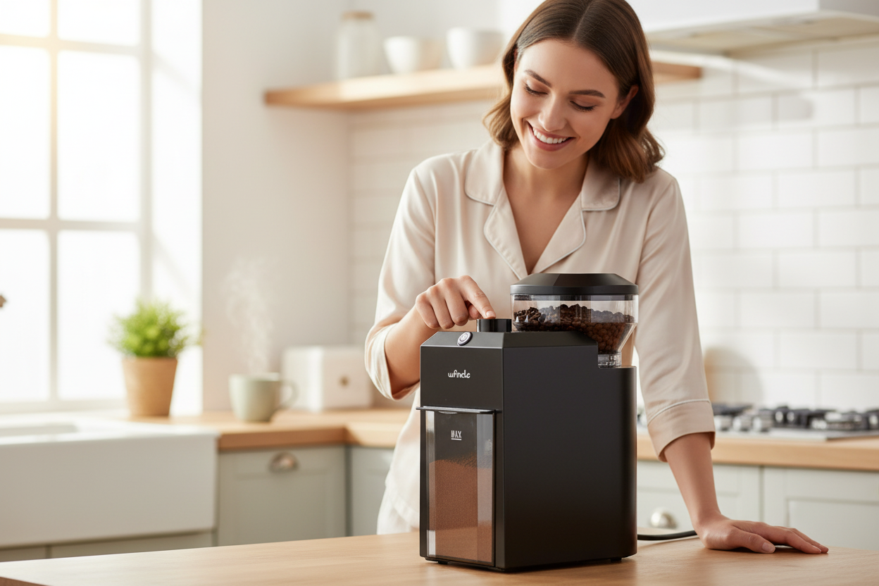 Woman using Ufnale coffee grinder