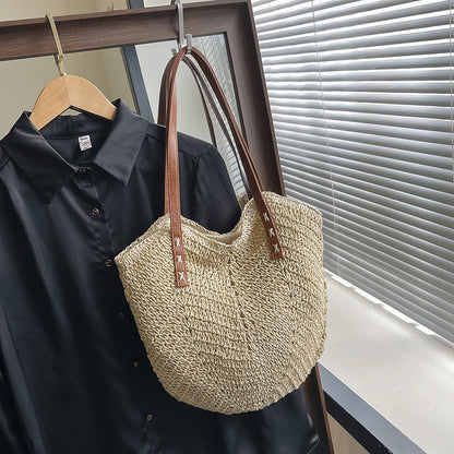 Sheila Merchandise women's woven tote with brown leather straps summer fashion shoulder bag
