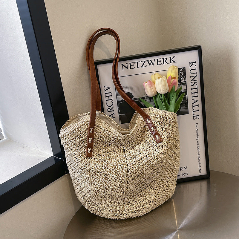 Sheila Merchandise women's summer fashion shoulder bag woven tote with brown leather handles